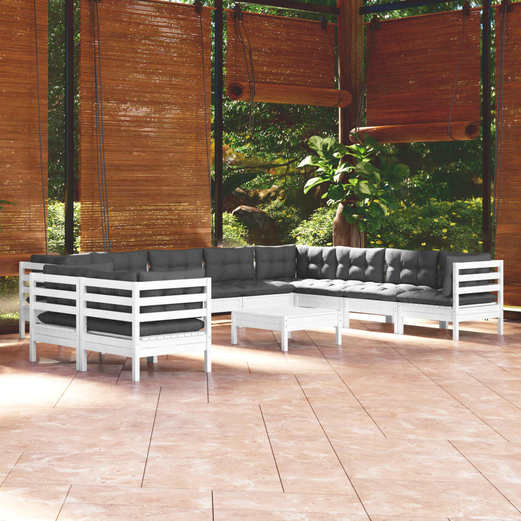 11-tlg. Garten-Lounge-Set mit Kissen Weiss Massivholz Kiefer
